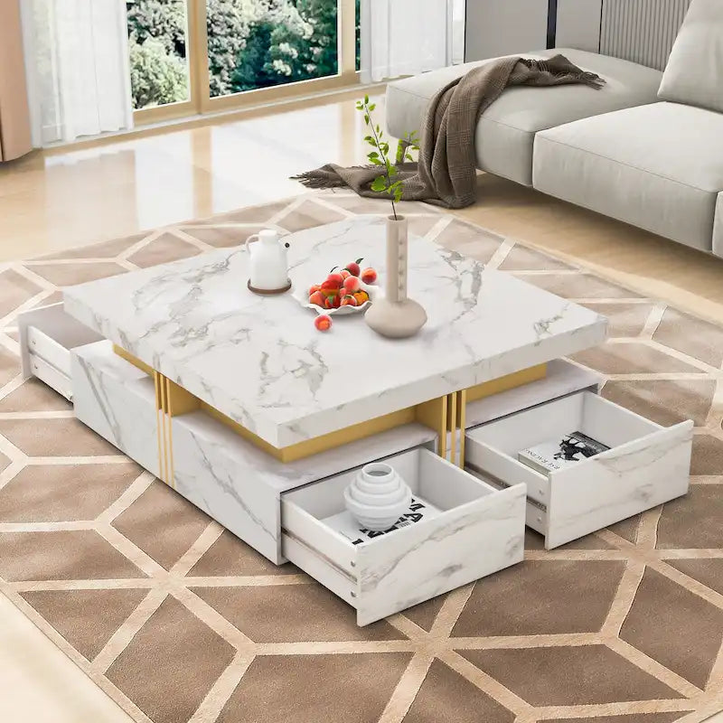Table basse carrée moderne de 110 cm avec 4 tiroirs pour salon