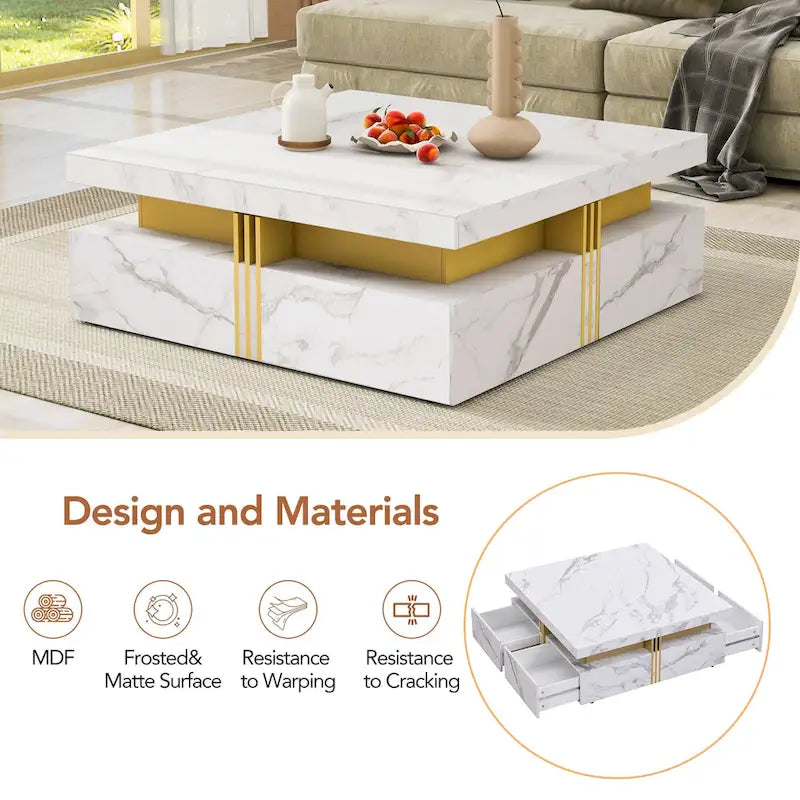 Table basse carrée moderne de 110 cm avec 4 tiroirs pour salon