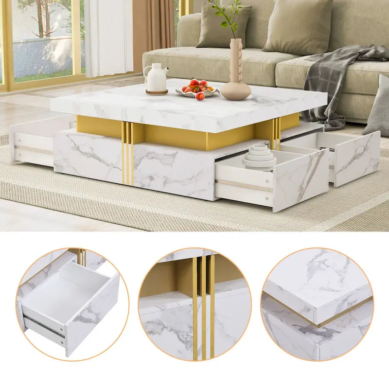 Table basse carrée moderne de 110 cm avec 4 tiroirs pour salon