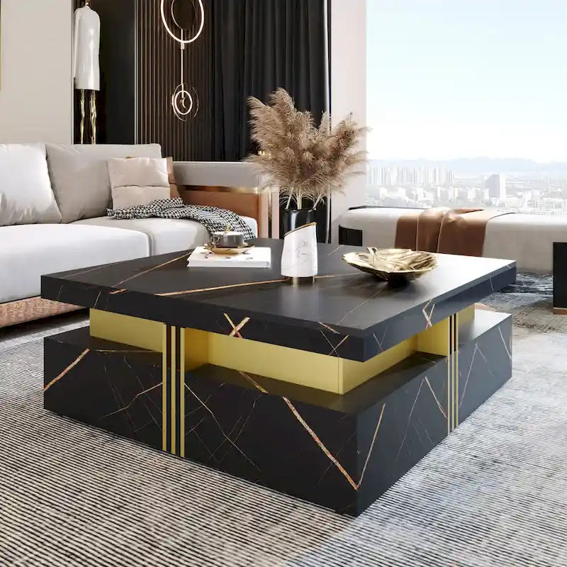 Table basse carrée moderne de 110 cm avec 4 tiroirs pour salon