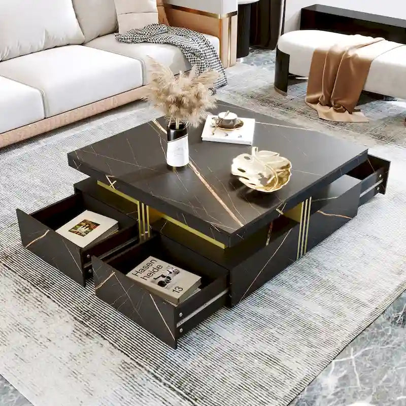 Table basse carrée moderne de 110 cm avec 4 tiroirs pour salon