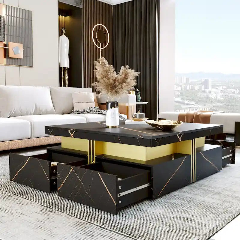 Table basse carrée moderne de 110 cm avec 4 tiroirs pour salon