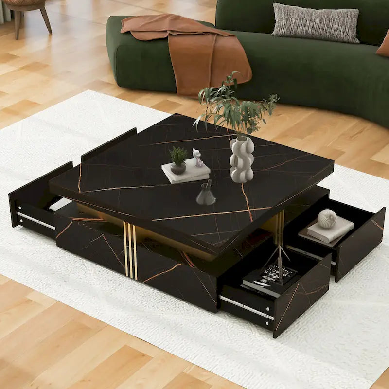 Table basse carrée moderne de 110 cm avec 4 tiroirs pour salon