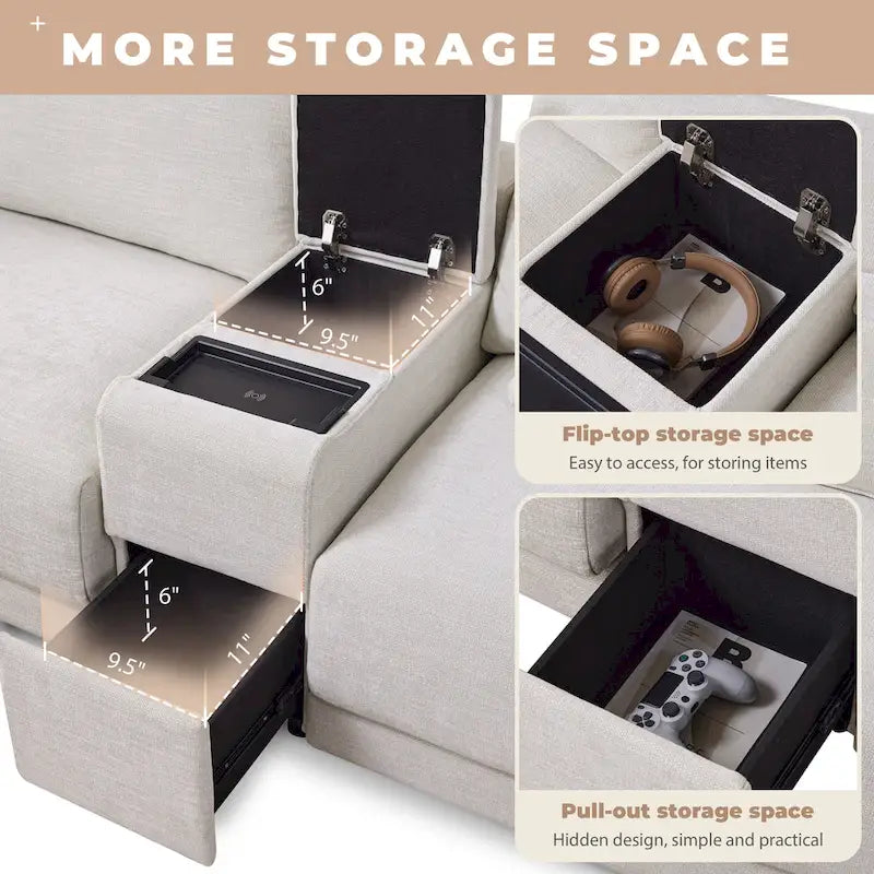124 Chenille 4-Seater L-Shaped Sofa with Storage Console, USB