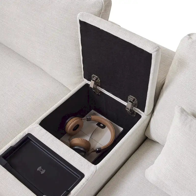 124 Chenille 4-Seater L-Shaped Sofa with Storage Console, USB