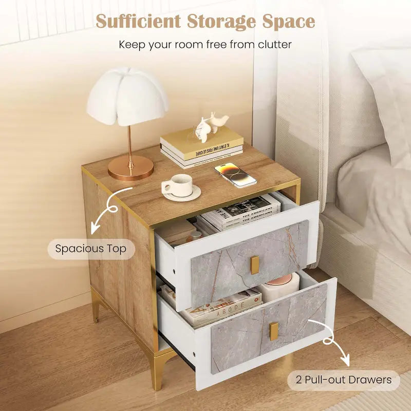 Costway 1/2 PCS Nightstand with Storage Faux Marble Surface Accent