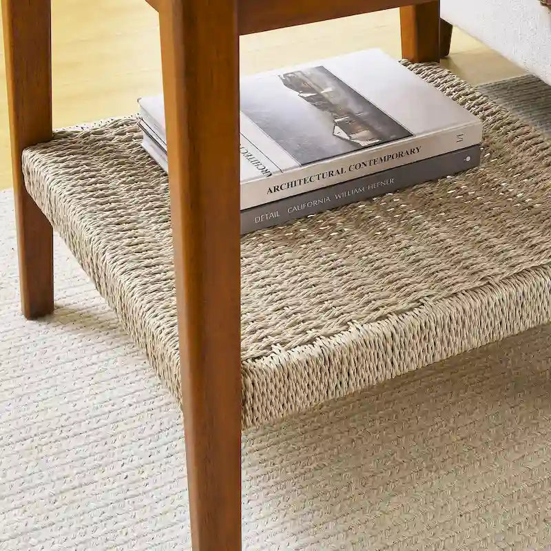 Mid-Century Square Side Table with Woven Shelf Walnut