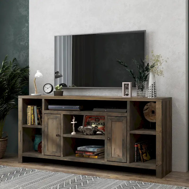 74 Inch TV Stand Console, Barnwood Finish, No Assembly Required