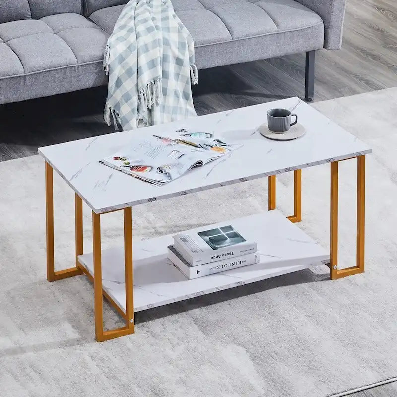 Table basse rectangulaire en fer de 39,37 L avec plateau en MDF, salle à manger, café, restaurant, plateau blanc, pieds dorés