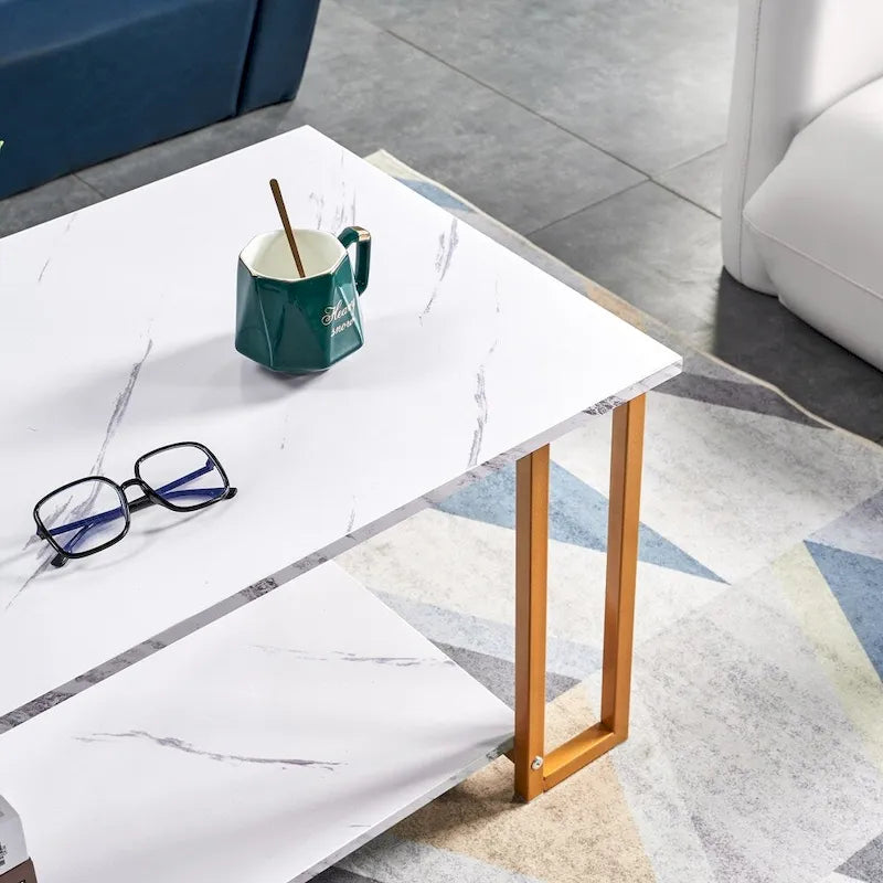 39.37 L MDF Rectangle Tabletop Iron Coffee Table , Dining Room, Coffee Shop, Resterant, White Top, Gold Leg