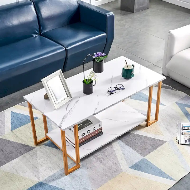 Table basse rectangulaire en fer de 39,37 L avec plateau en MDF, salle à manger, café, restaurant, plateau blanc, pieds dorés