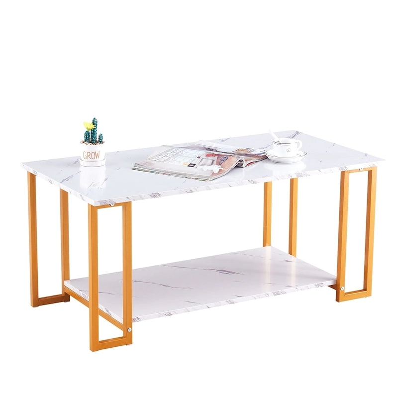 Table basse rectangulaire en fer de 39,37 L avec plateau en MDF, salle à manger, café, restaurant, plateau blanc, pieds dorés
