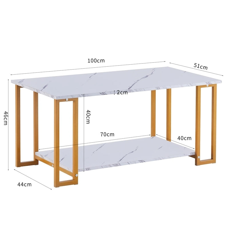 Table basse rectangulaire en fer de 39,37 L avec plateau en MDF, salle à manger, café, restaurant, plateau blanc, pieds dorés