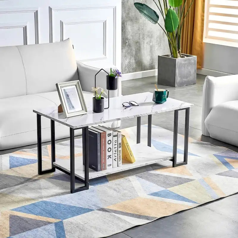 Table basse rectangulaire en fer de 39,37 L avec plateau en MDF, salle à manger, café, restaurant, plateau blanc, pieds dorés