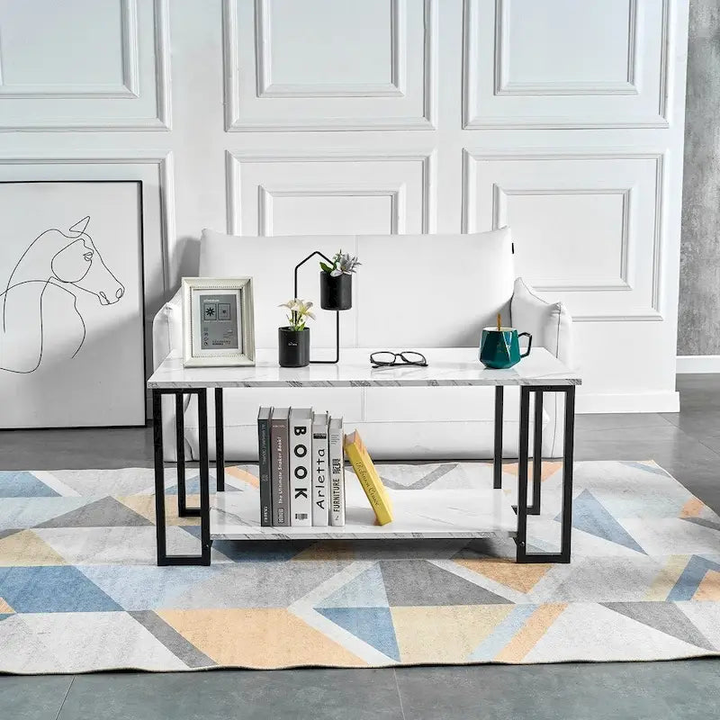 Table basse rectangulaire en fer de 39,37 L avec plateau en MDF, salle à manger, café, restaurant, plateau blanc, pieds dorés
