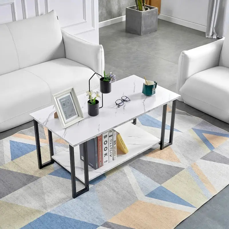 Table basse rectangulaire en fer de 39,37 L avec plateau en MDF, salle à manger, café, restaurant, plateau blanc, pieds dorés
