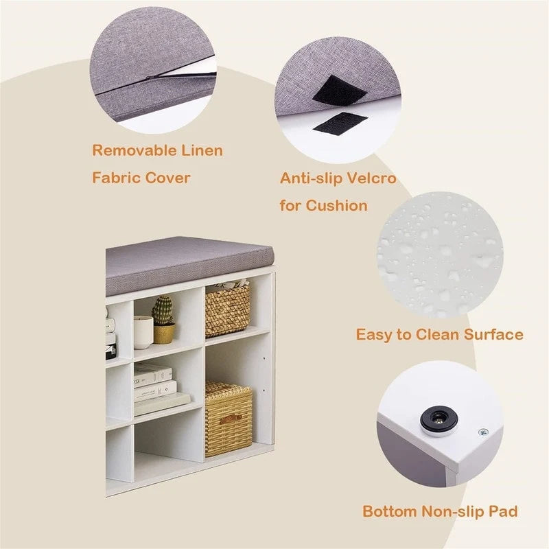 Shoe Storage Bench with 9 Cubbies - 11.8D x 31.5W x 18.9H