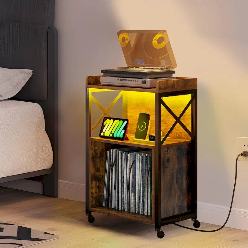 Meuble tourne-disque sur roulettes avec LED RVB et station de charge
