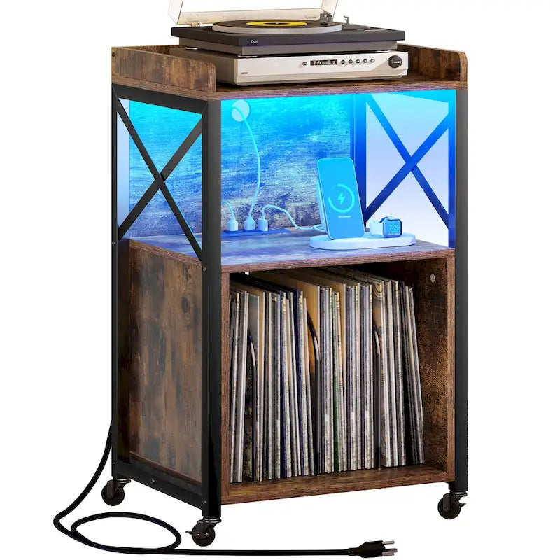 Meuble tourne-disque sur roulettes avec LED RVB et station de charge