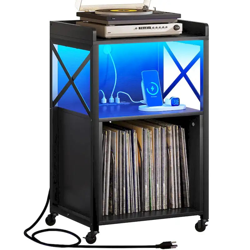 Meuble tourne-disque sur roulettes avec LED RVB et station de charge