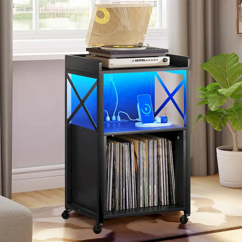 Meuble tourne-disque sur roulettes avec LED RVB et station de charge