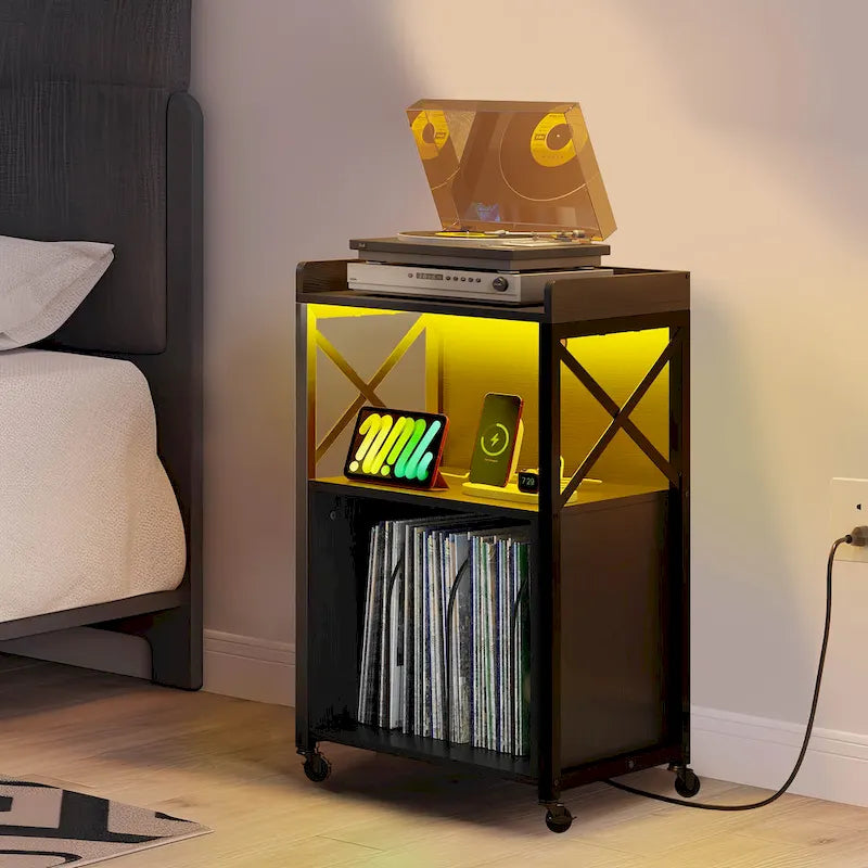 Meuble tourne-disque sur roulettes avec LED RVB et station de charge