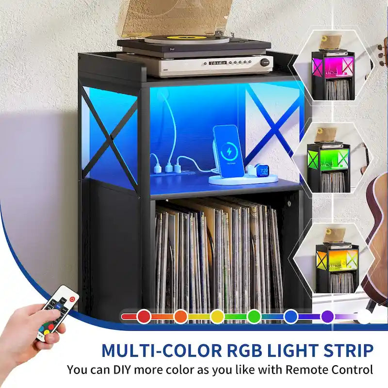Meuble tourne-disque sur roulettes avec LED RVB et station de charge