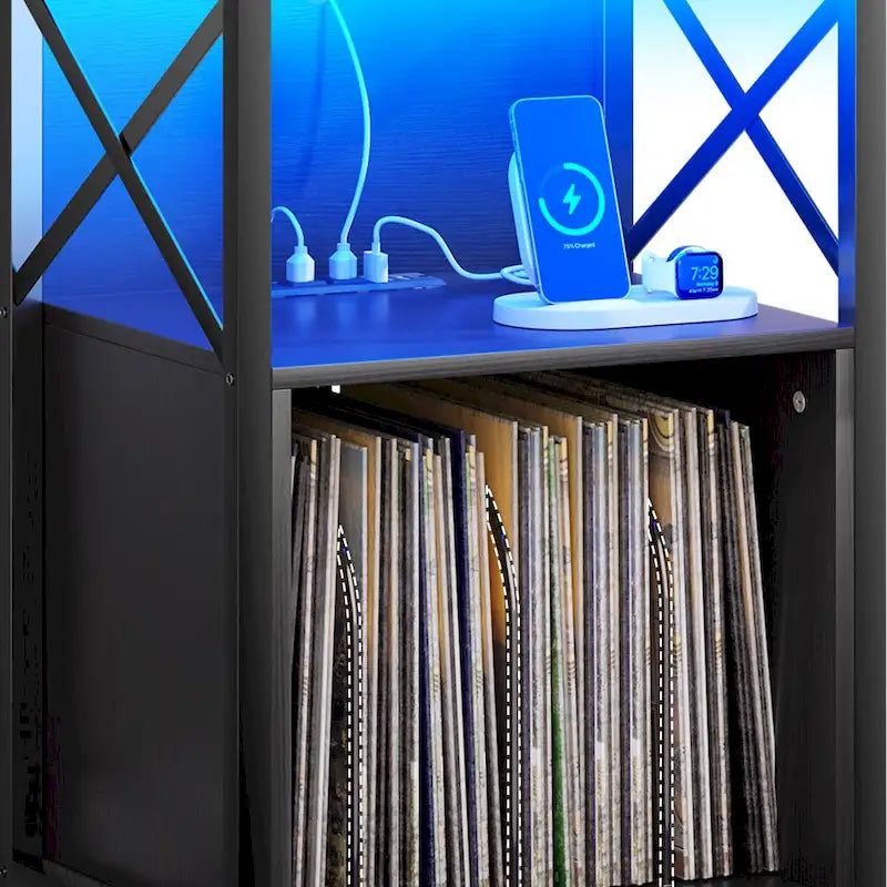 Meuble tourne-disque sur roulettes avec LED RVB et station de charge