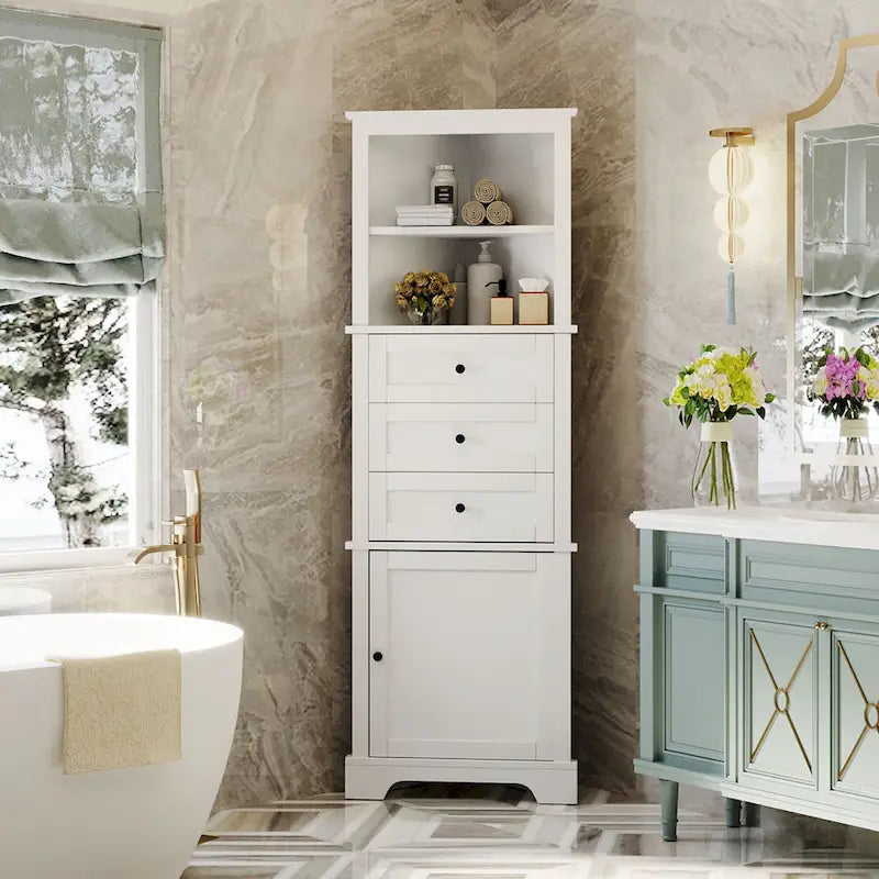 Triangle Tall Cabinet with 3 Drawers and Adjustable Shelves MDF Board with Painted Finish