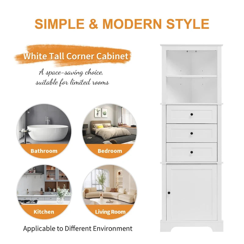 Triangle Tall Cabinet with 3 Drawers and Adjustable Shelves MDF Board with Painted Finish