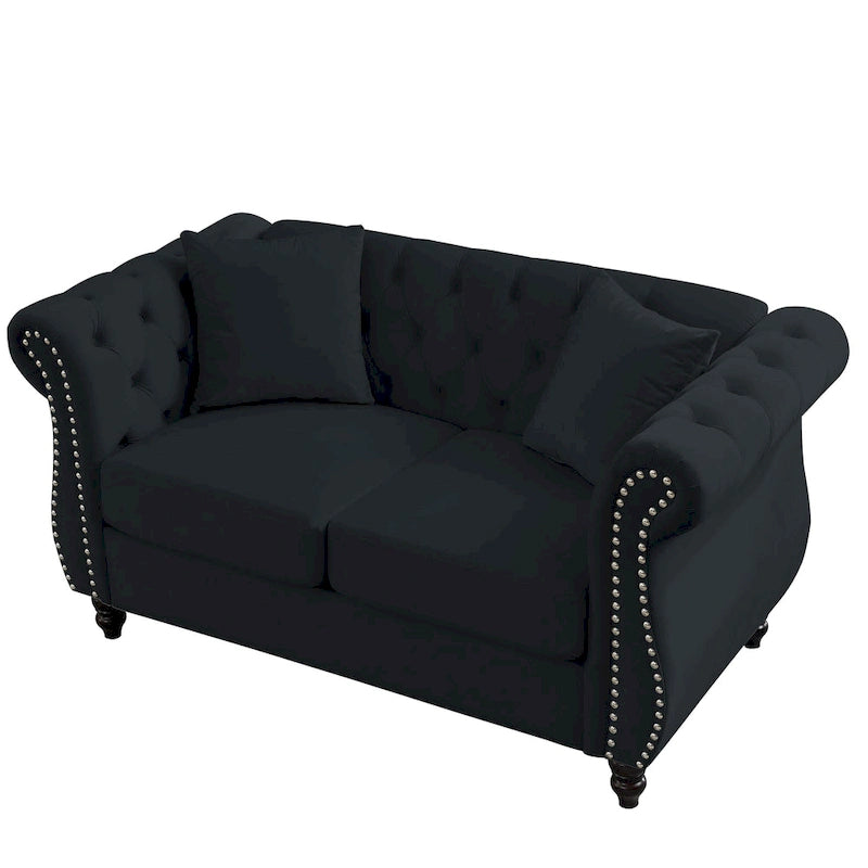 58.8 Chesterfield Sofa Black Velvet for Living Room, 2 Seater Sofa Tufted Couch with Rolled Arms and Nailhead for Living Room,