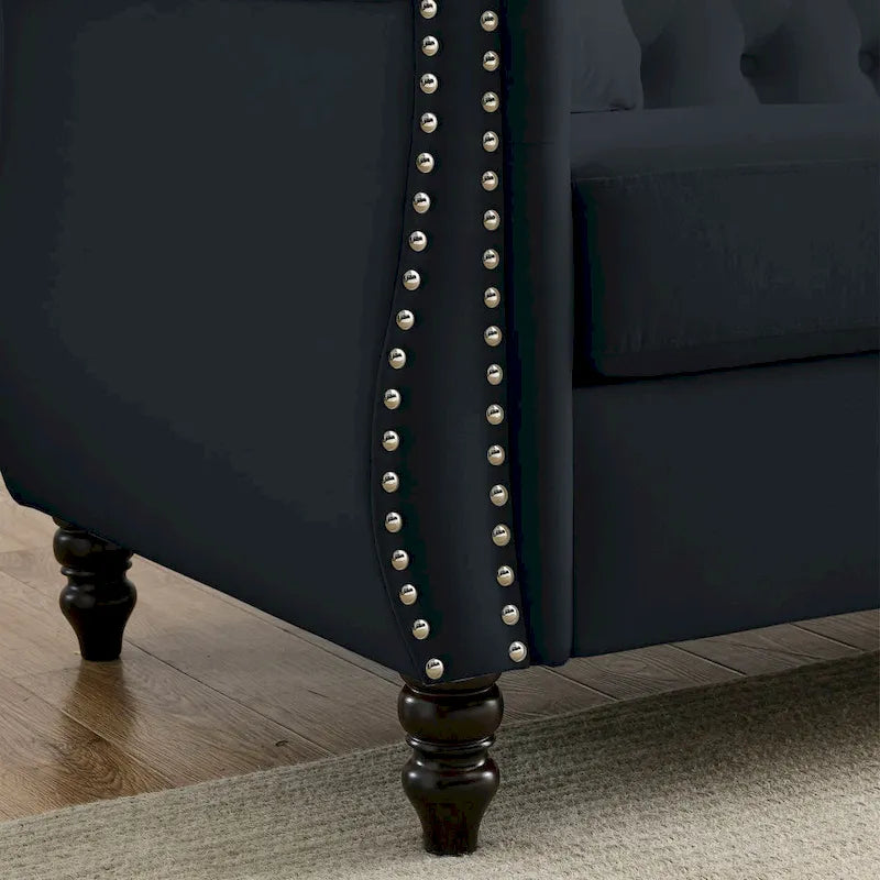 58.8 Chesterfield Sofa Black Velvet for Living Room, 2 Seater Sofa Tufted Couch with Rolled Arms and Nailhead for Living Room,