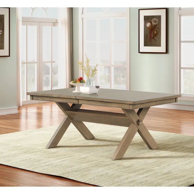 Wood Trestle Extendable Dining Table with Leaf, Glazed Pine Brown