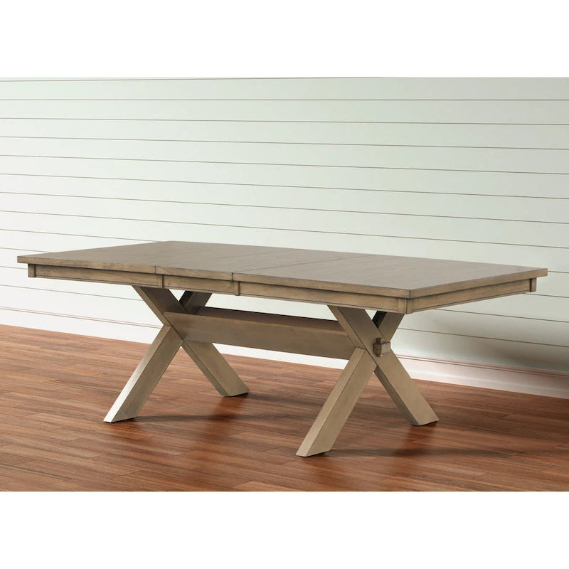 Wood Trestle Extendable Dining Table with Leaf, Glazed Pine Brown