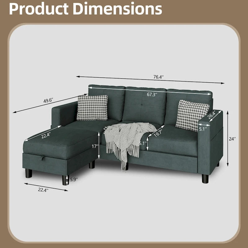 Futzca Linen Upholstered L-shaped Sectional Sofa w/ Reversible Chaise