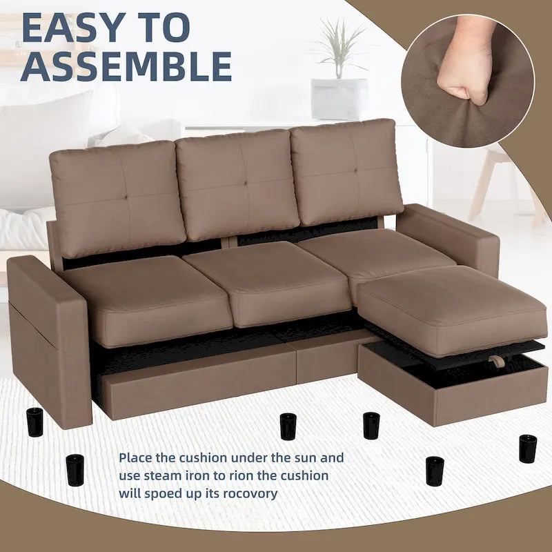 Futzca Linen Upholstered L-shaped Sectional Sofa w/ Reversible Chaise