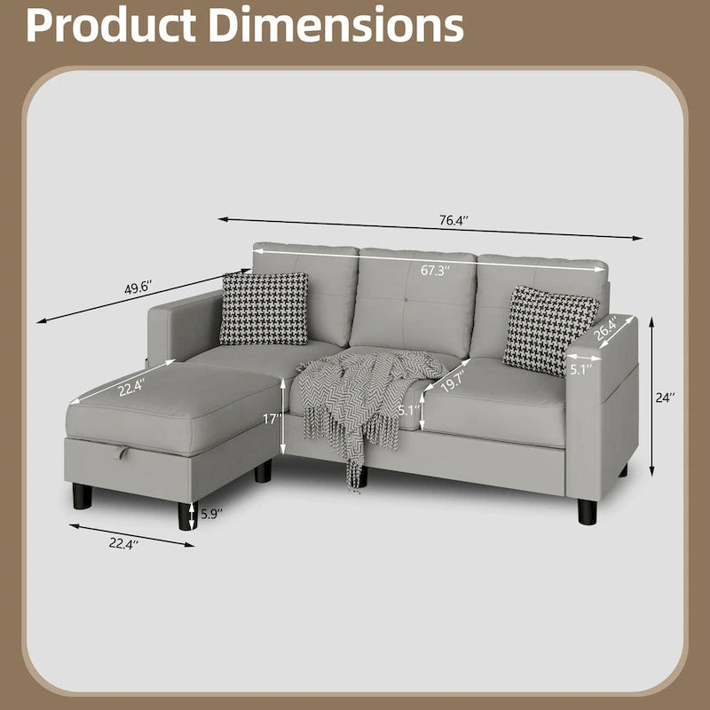 Futzca Linen Upholstered L-shaped Sectional Sofa w/ Reversible Chaise