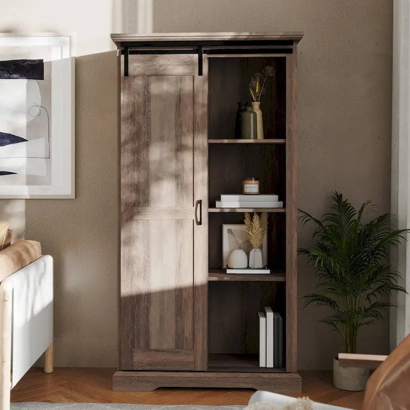 Farmhouse Storage Cabinet with Adjustable Shelves and Sliding Barn Door - 16.75D x 36.25W x 68H
