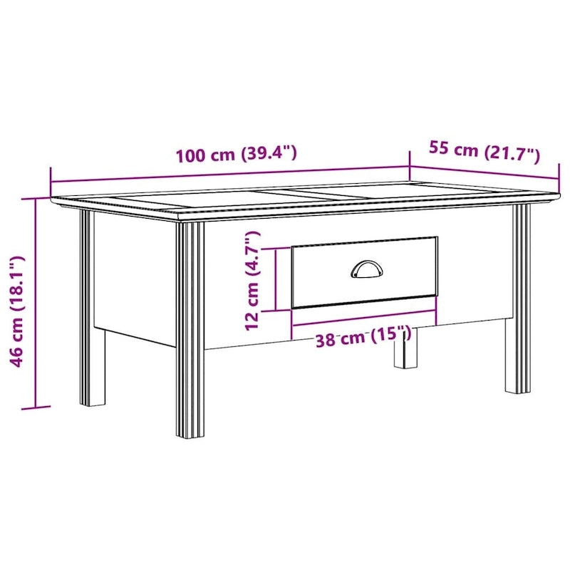 vidaXL Coffee Table Accent Side Table for Living Room BODO Solid Wood Pine - 39.4x21.7x17.7