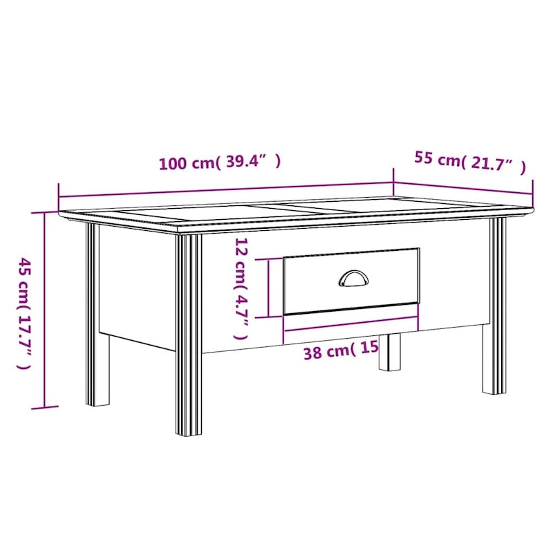 vidaXL Coffee Table Accent Side Table for Living Room BODO Solid Wood Pine - 39.4x21.7x17.7