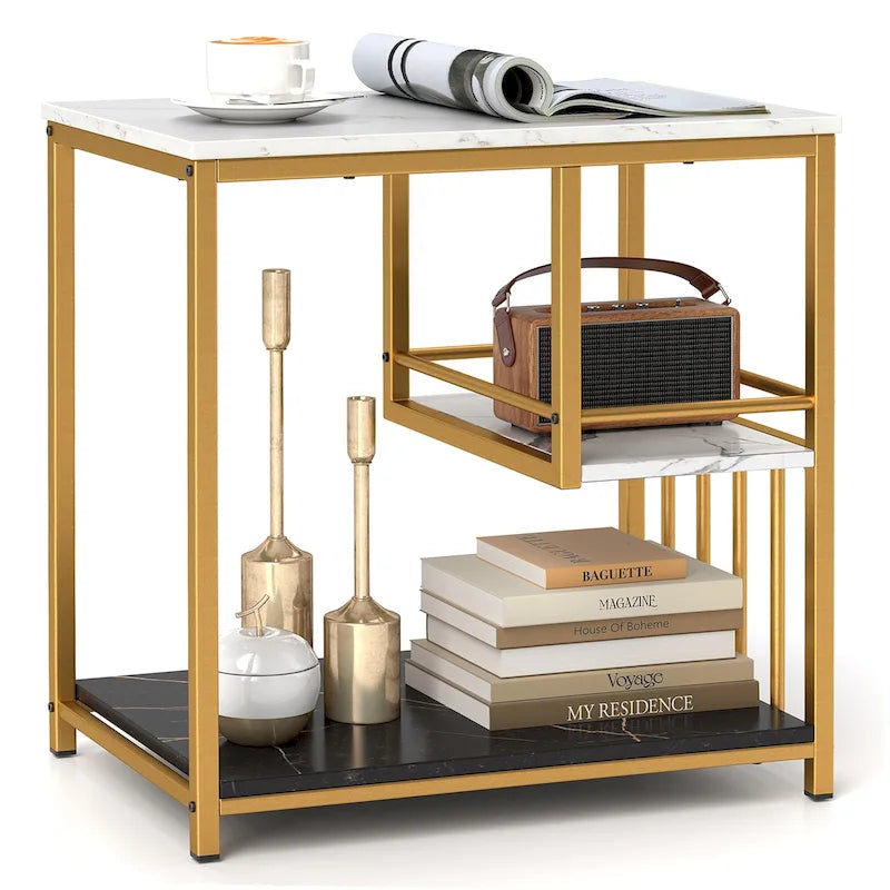 3-Tier Faux Marble Side Table with Storage Shelves