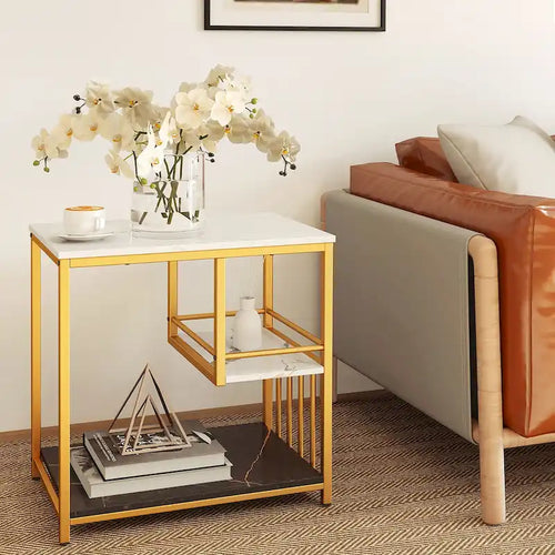 Table d'appoint 3 niveaux façon marbre avec étagères de rangement