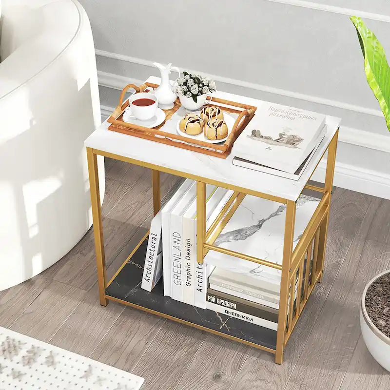 3-Tier Faux Marble Side Table with Storage Shelves