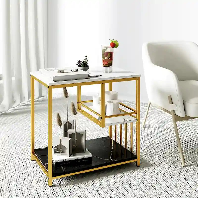 Table d'appoint 3 niveaux façon marbre avec étagères de rangement
