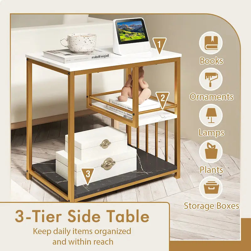 Table d'appoint 3 niveaux façon marbre avec étagères de rangement