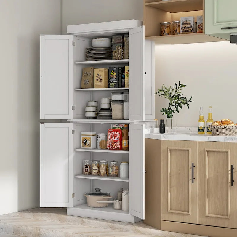 Armoire de rangement de cuisine de 72,5 po, placard de cuisine autoportant avec 4 portes et étagères réglables pour salle à manger, MDF