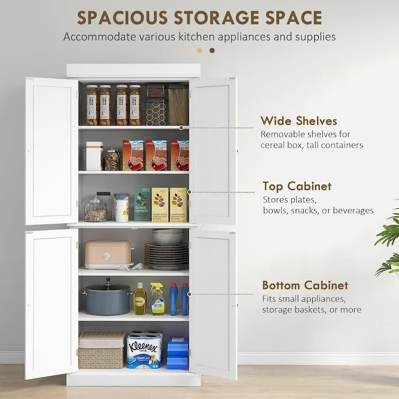 Armoire de rangement de cuisine de 72,5 po, placard de cuisine autoportant avec 4 portes et étagères réglables pour salle à manger, MDF
