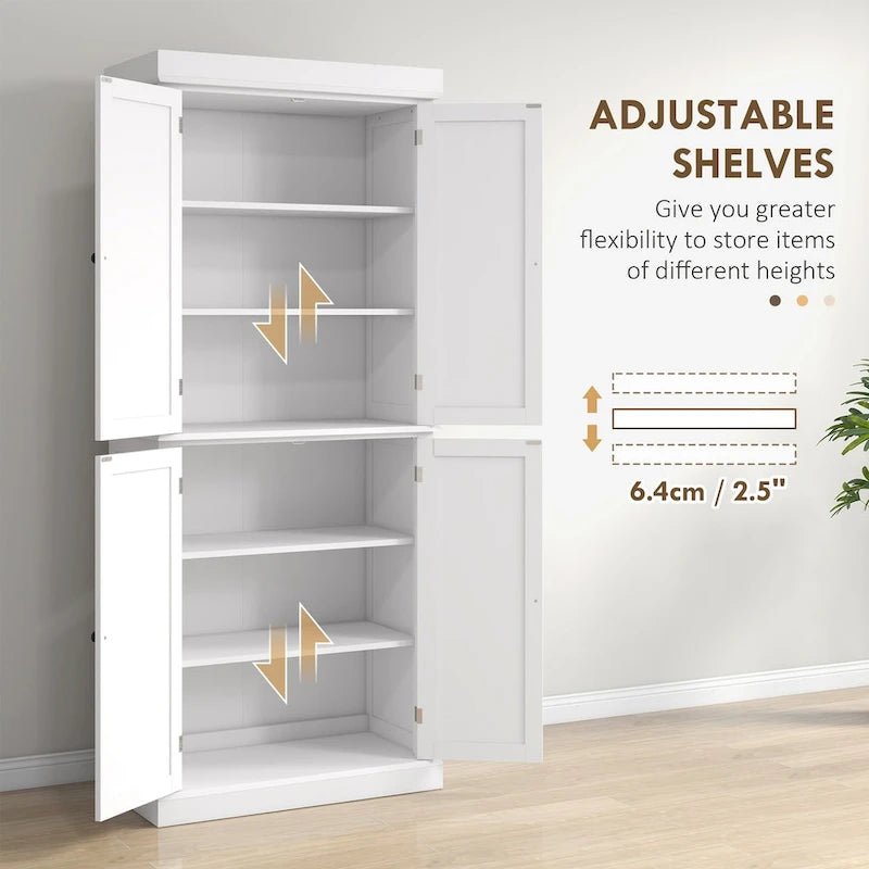 72.5 Kitchen Pantry Storage Cabinet, Freestanding Kitchen Cupboard with 4 Doors and Adjustable Shelves for Dining Room, MDF