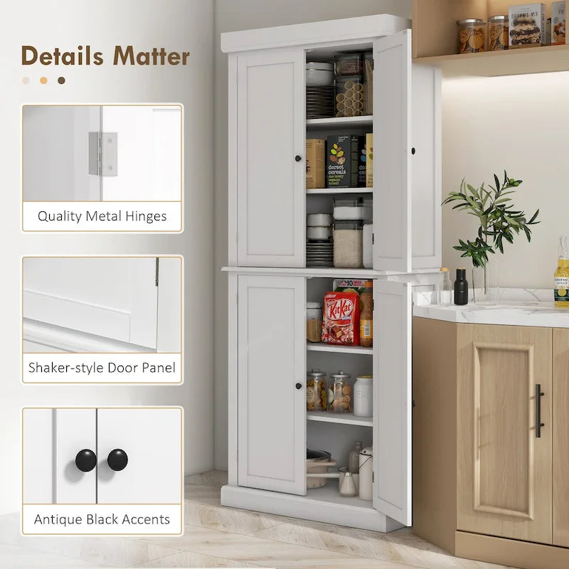 Armoire de rangement de cuisine de 72,5 po, placard de cuisine autoportant avec 4 portes et étagères réglables pour salle à manger, MDF