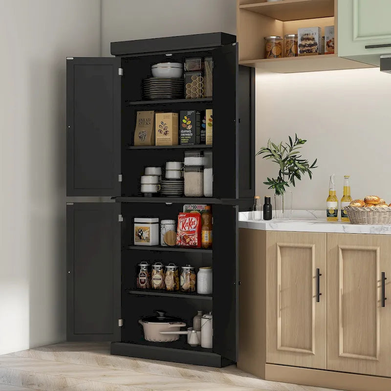 Armoire de rangement de cuisine de 72,5 po, placard de cuisine autoportant avec 4 portes et étagères réglables pour salle à manger, MDF